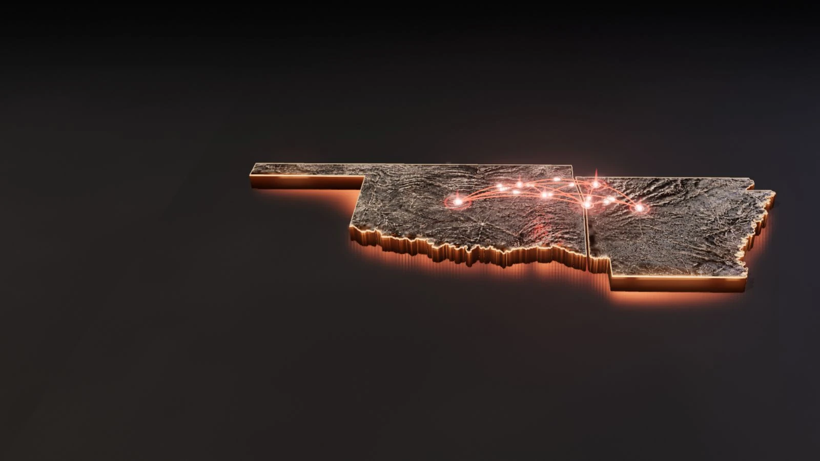 Dimensional copper and graphite Oklahoma and Arkansas map connecting Muskogee, Oklahoma City, Tulsa, Springdale, Fort Smith, and Russellville.