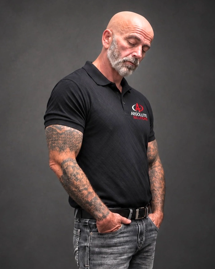 Absolute Solutions team member in a black embroidered company polo and jeans, standing with his hands in his pockets against a dark studio backdrop.